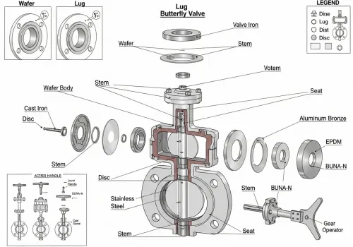 Partes de una válvula de mariposa,componentes de la válvula de mariposa,principio de funcionamiento de la válvula de mariposa,cuerpo de la válvula,asiento de la válvula,vástago de la válvula